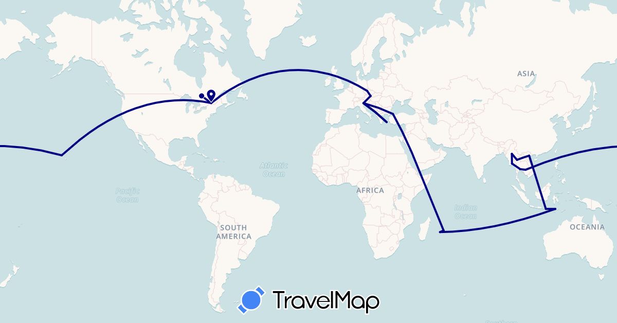 TravelMap itinerary: driving in Austria, Canada, Czech Republic, France, Greece, Indonesia, Italy, Cambodia, Laos, Myanmar (Burma), Mauritius, Thailand, Turkey, United States, Vietnam (Africa, Asia, Europe, North America)